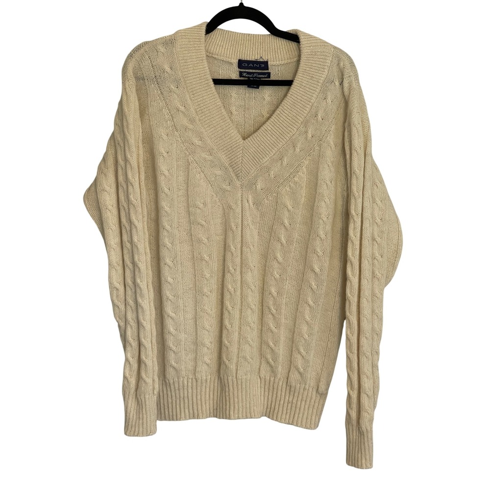 Gant Vintage Alpaca Wool Cable Knit V-Neck Sweater Cream Mens‎ Large Cableknit